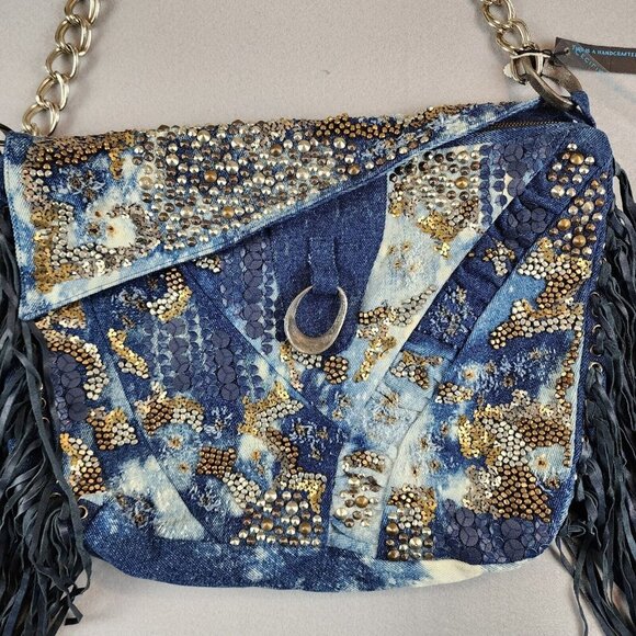 Cecilia De Bucourt Harrow Studded Denim Hobo Tote Distressed Leather Fringe‎ NEW - Picture 4 of 16